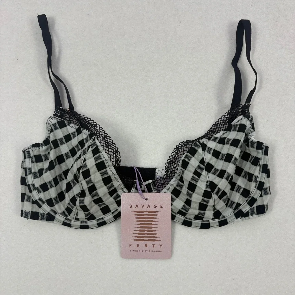 NWT Savage X Fenty Size 32D Gingham Remix Unlined Plunge Bra Black White Lace
